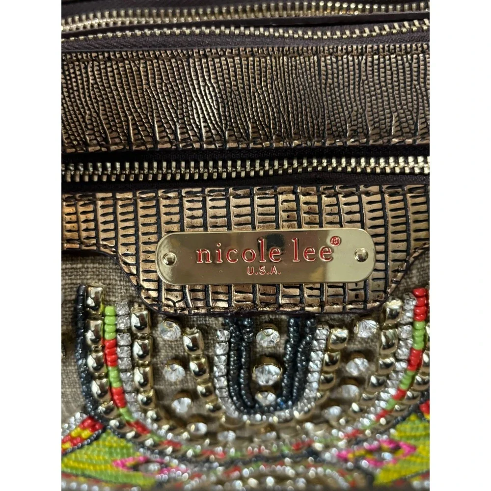 Nicole Lee Beaded Crystal Satchel Bag Metallic Bronze Tan Geometric Boho Handbag